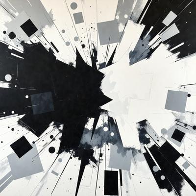 The primary subject of the image is a black and white painting featuring a large black circle in the center. The setting is a white background, and the visual style appears to be a combination of digital art and illustration. The dominant colors are black and white, creating a bold and striking atmosphere.